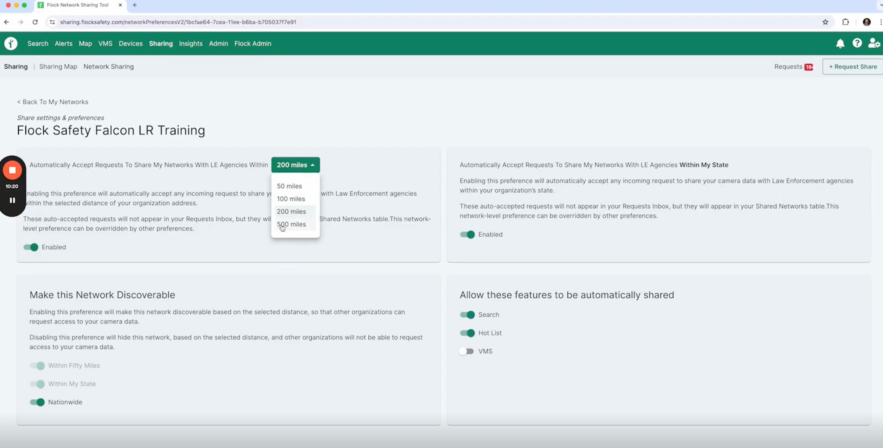 Screenshot of the vendor's network sharing settings screen, showing toggles that automatically accept requests to share camera data with law enforcement agencies within a selected distance or statewide, and options to make the network discoverable nationwide.